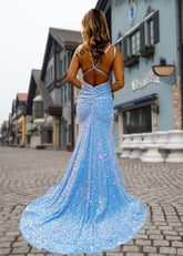 Gabrielle | Dark Blue Sequin Mermaid V Neck Open Back Prom Dress Split - Blue - PromDressClub
